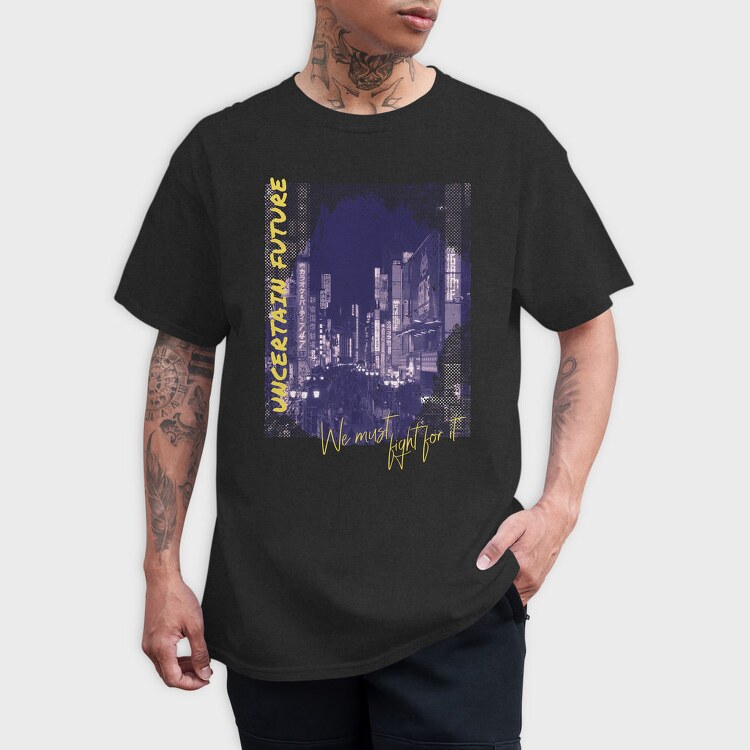 Modern City At Night Photograph Grunge Picture Uncertain Future, Tricou Barbati (Unisex)