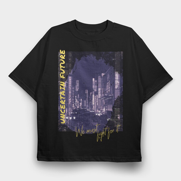 Modern City At Night Photograph Grunge Picture Uncertain Future, Tricou Oversize Barbati (Unisex)