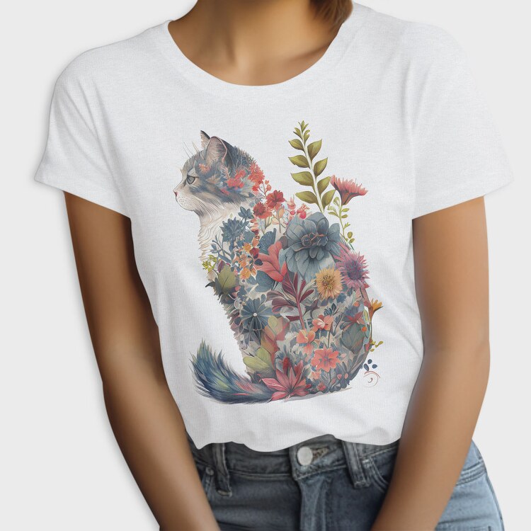 Floral Cat Silhouette Flower, Tricou Femei