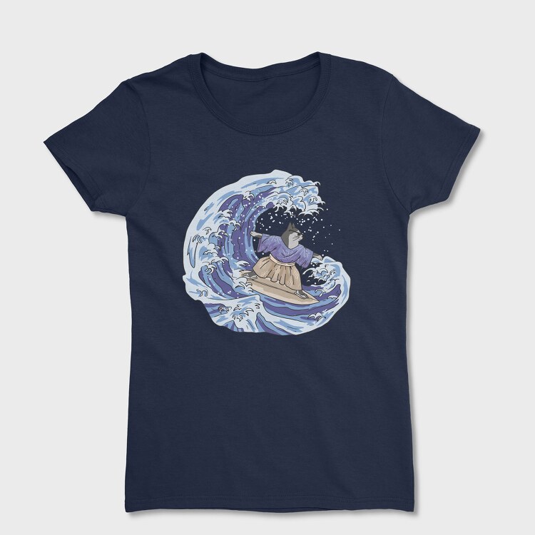 Tricou Femei, Cat Surfing Japanese Wave