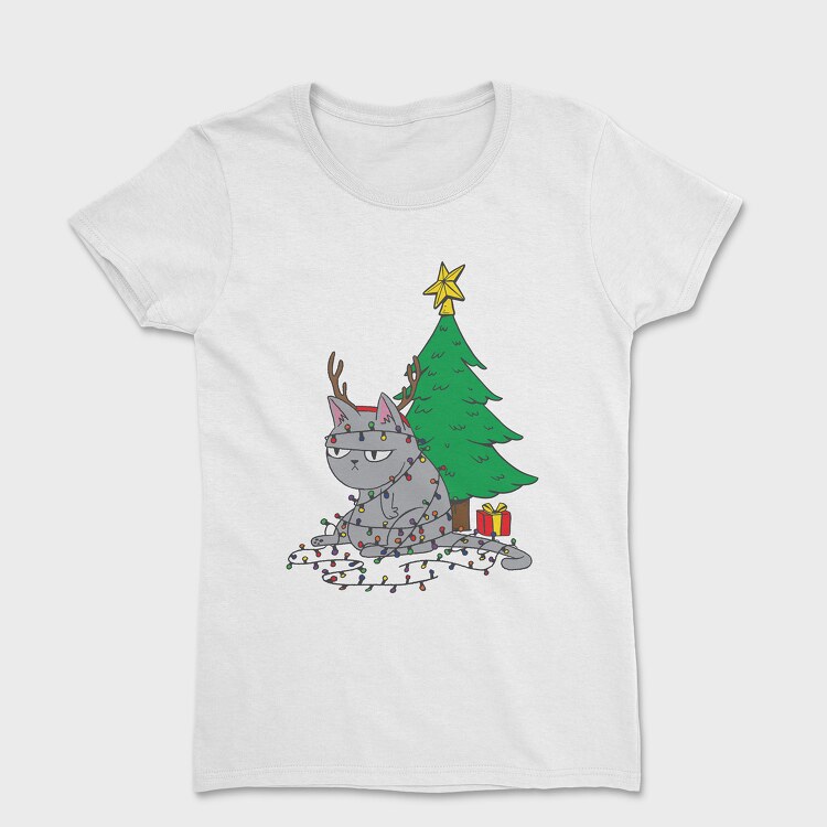 Tricou Femei, Cat Tangled in Christmas Lights