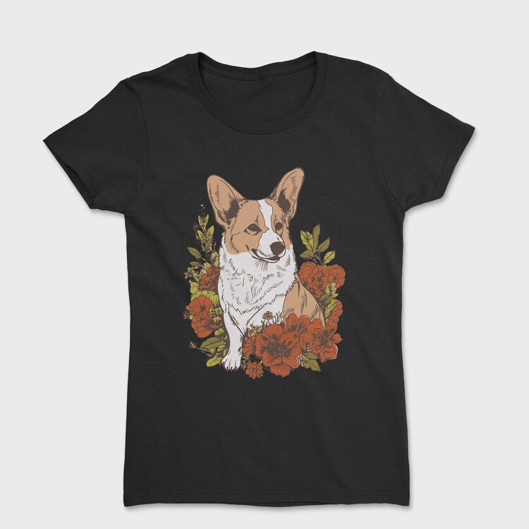 Tricou Femei, Corgi Dog Red Flowers