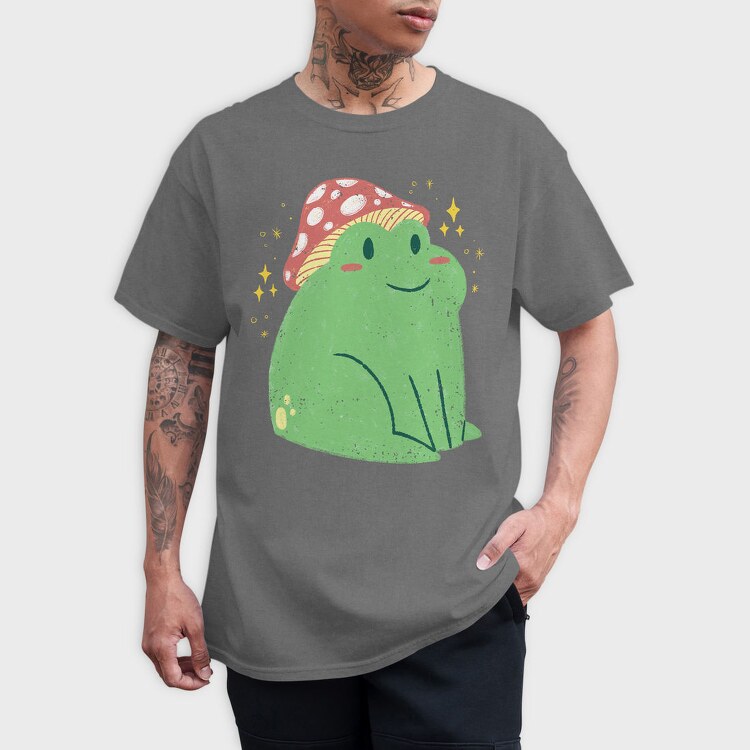 Cute Frog With Mushroom Sitting Cottage Core, Tricou Barbati (Unisex)