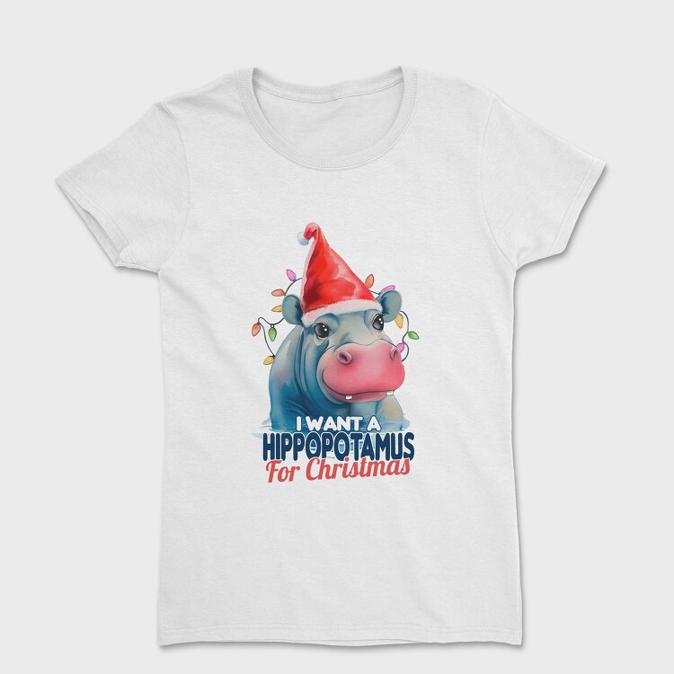 Tricou Femei, Hippo Watercolor Christmas