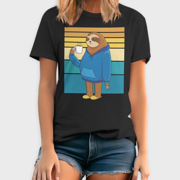 Tired Sloth Drinking Coffee Lazy Retro Sunset, Tricou Barbati (Unisex)