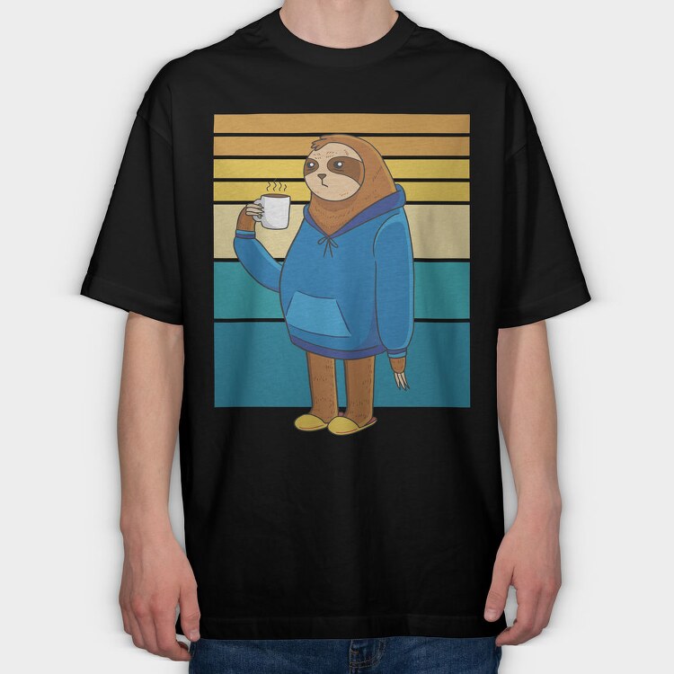 Tired Sloth Drinking Coffee Lazy Retro Sunset, Tricou Oversize Barbati (Unisex)