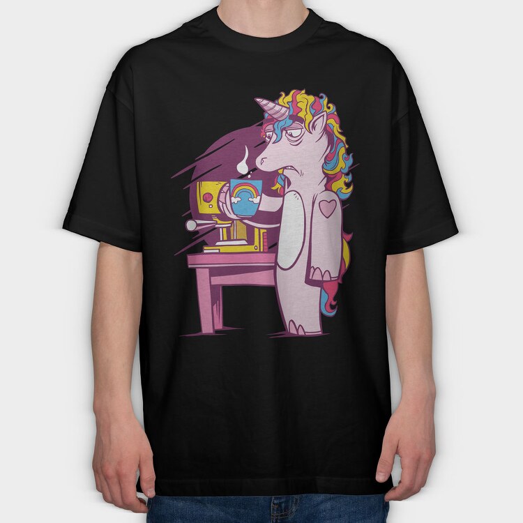 Tired Unicorn With Coffee, Tricou Oversize Barbati (Unisex)