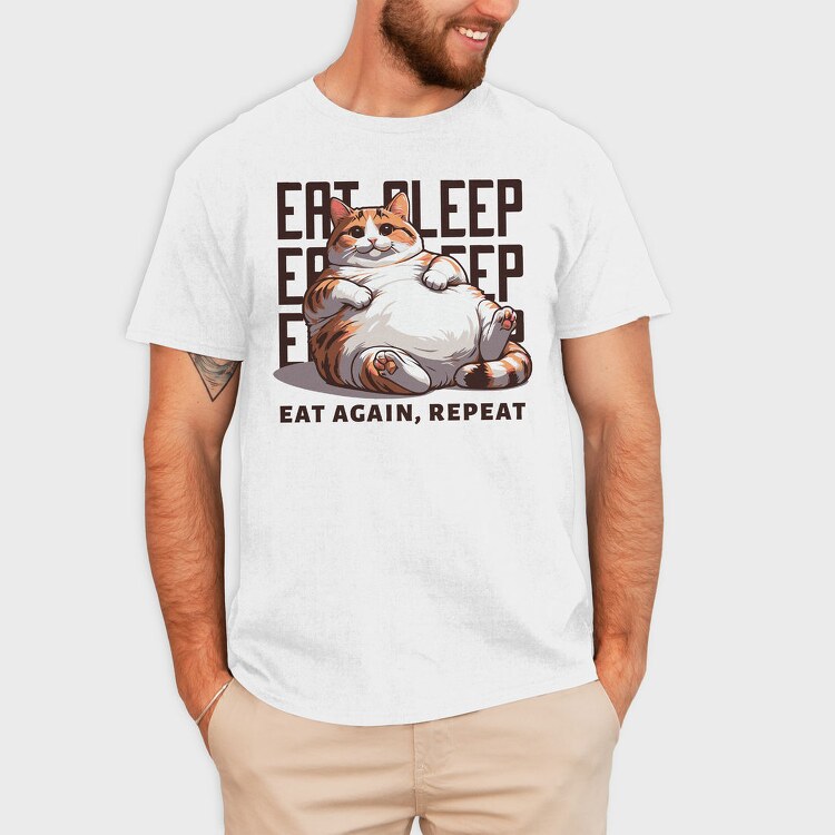 Lazy Cat Quote Eat Sleep Repeat, Tricou Barbati (Unisex)
