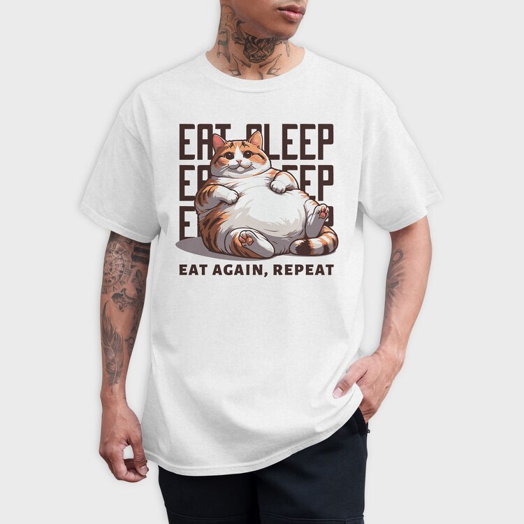Lazy Cat Quote Eat Sleep Repeat, Tricou Barbati (Unisex)