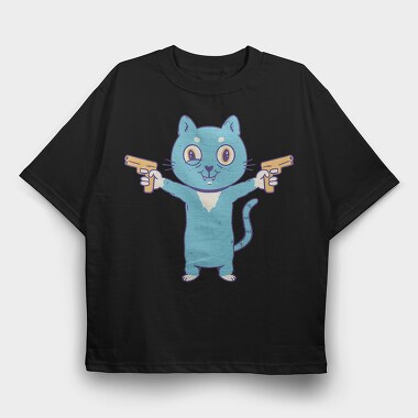 Cartoon Cat With Guns Pew Pew, Tricou Oversize Barbati (Unisex)
