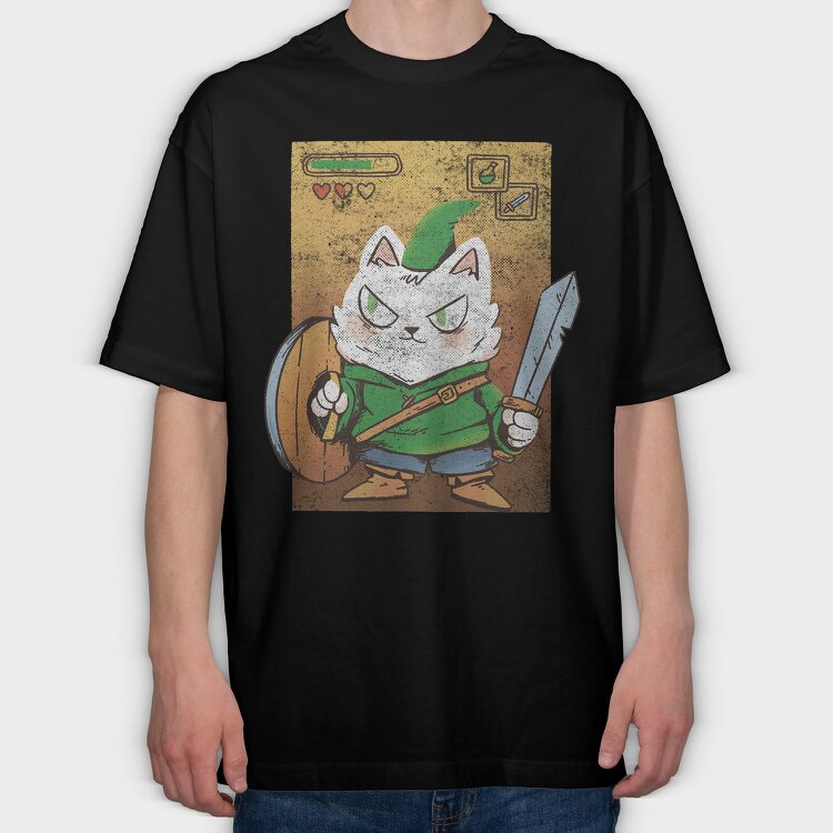 Cartoon Medieval Knight Warrior Cat, Tricou Oversize Barbati (Unisex)