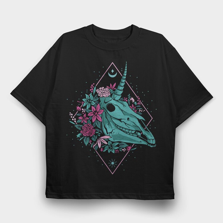 Skull Unicorn Head With Flowers, Tricou Oversize Barbati (Unisex)