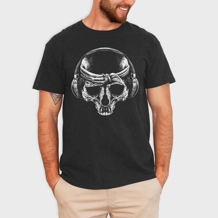 Skull With Bandana And Headphones, Tricou Barbati (Unisex)