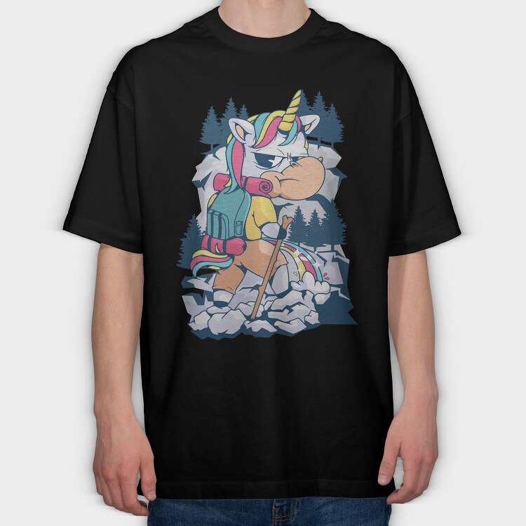 Cartoon Unicorn Hiking Pee On Mountain, Tricou Oversize Barbati (Unisex)