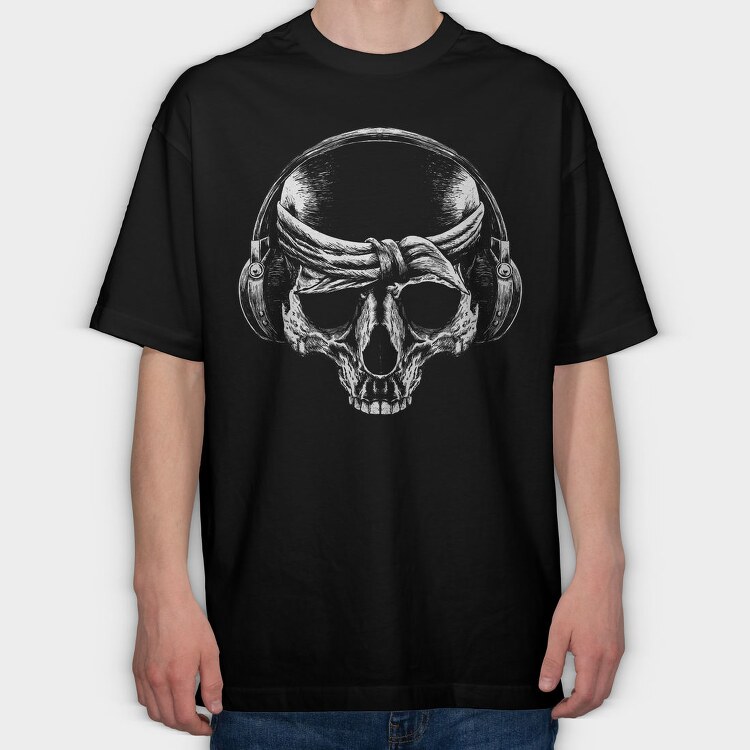 Skull With Bandana And Headphones, Tricou Oversize Barbati (Unisex)