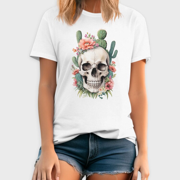 Skull With Cacti And Flowers, Tricou Barbati (Unisex)