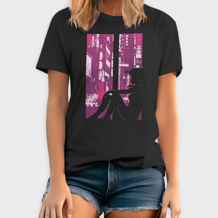 Cyberpunk Girl Silhouette Vaporwave Window, Tricou Barbati (Unisex)