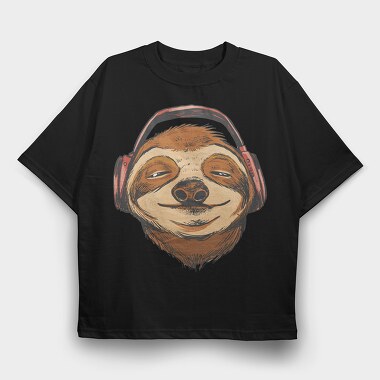 Sloth Animal With Earphones Headphones, Tricou Oversize Barbati (Unisex)