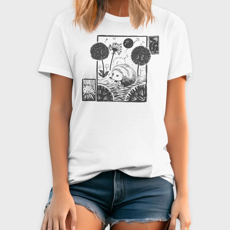 Hedgehog With Dandelions Lino Art, Tricou Barbati (Unisex)