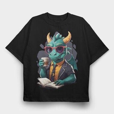 Reader Dragon Drinking Coffee Book, Tricou Oversize Barbati (Unisex)