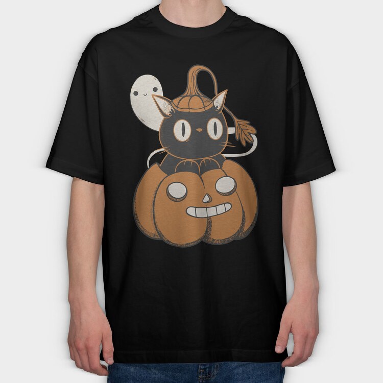 Black Cat Inside Pumpkin, Tricou Oversize Barbati (Unisex)