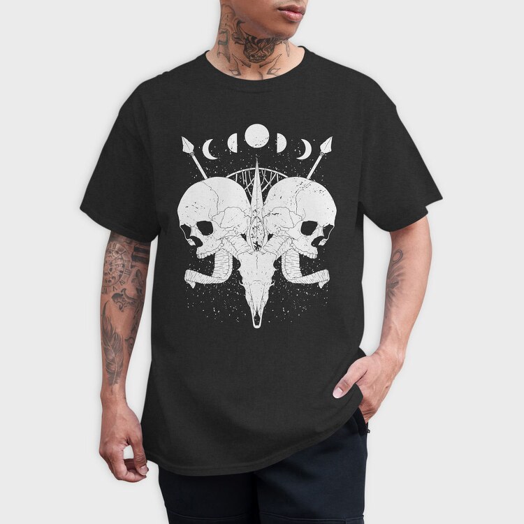 Esoteric Skulls Ram Human Moon Phases, Tricou Barbati (Unisex)