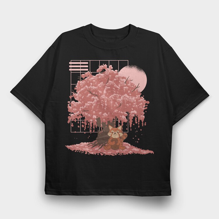 Red Panda And Sakura Tree, Tricou Oversize Barbati (Unisex)