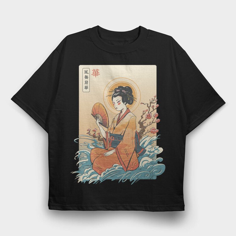 Geisha Waves Japanese Traditional, Tricou Oversize Barbati (Unisex)
