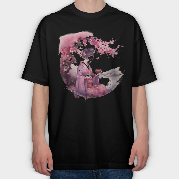 Geisha With Sakura Tea, Tricou Oversize Barbati (Unisex)