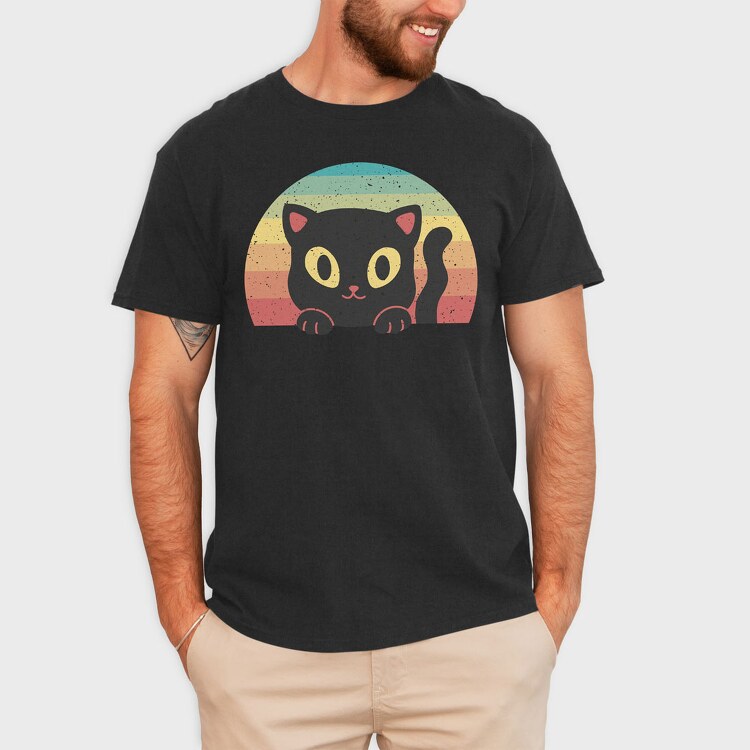 Peeking Cat Retro Sunset, Tricou Barbati (Unisex)