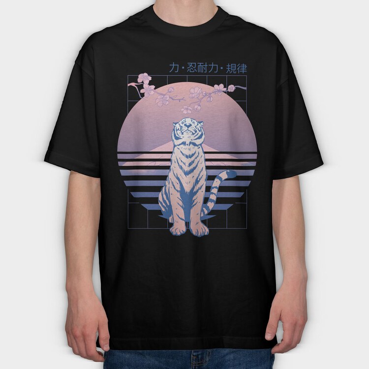 Japanese Tiger Looking Up Sakura, Tricou Oversize Barbati (Unisex)
