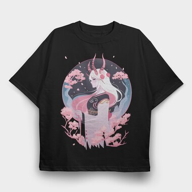 Demon Japanese Fantasy Girl Sorceress Horn Sakura, Tricou Oversize Barbati (Unisex)