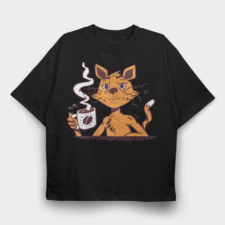 Cat Drinking Coffee, Tricou Oversize Barbati (Unisex)