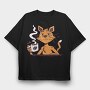 Cat Drinking Coffee, Tricou Oversize Barbati (Unisex)