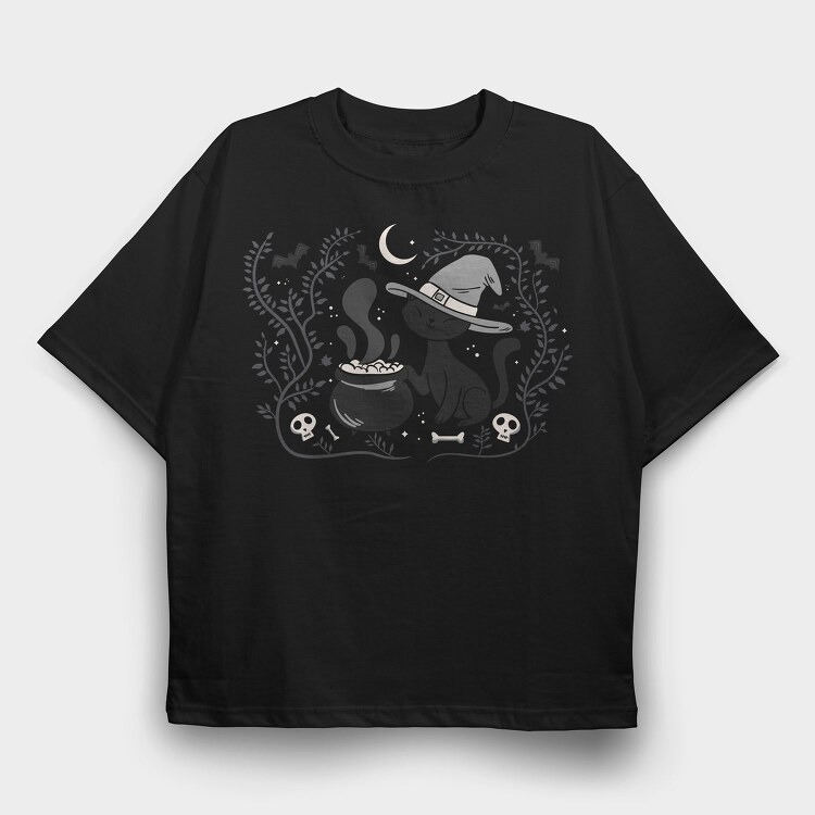 Witch Cat Halloween Illustration 3, Tricou Oversize Barbati (Unisex)