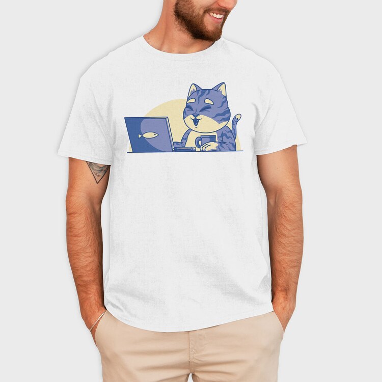 Cat In Front Of Computer, Tricou Barbati (Unisex)