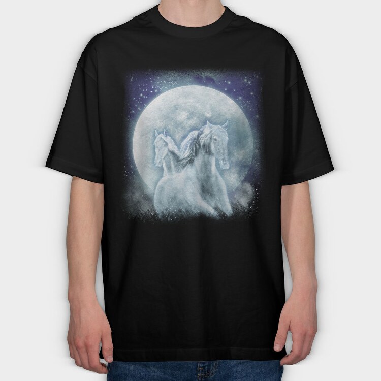 Mystic Horses Full Moon, Tricou Oversize Barbati (Unisex)