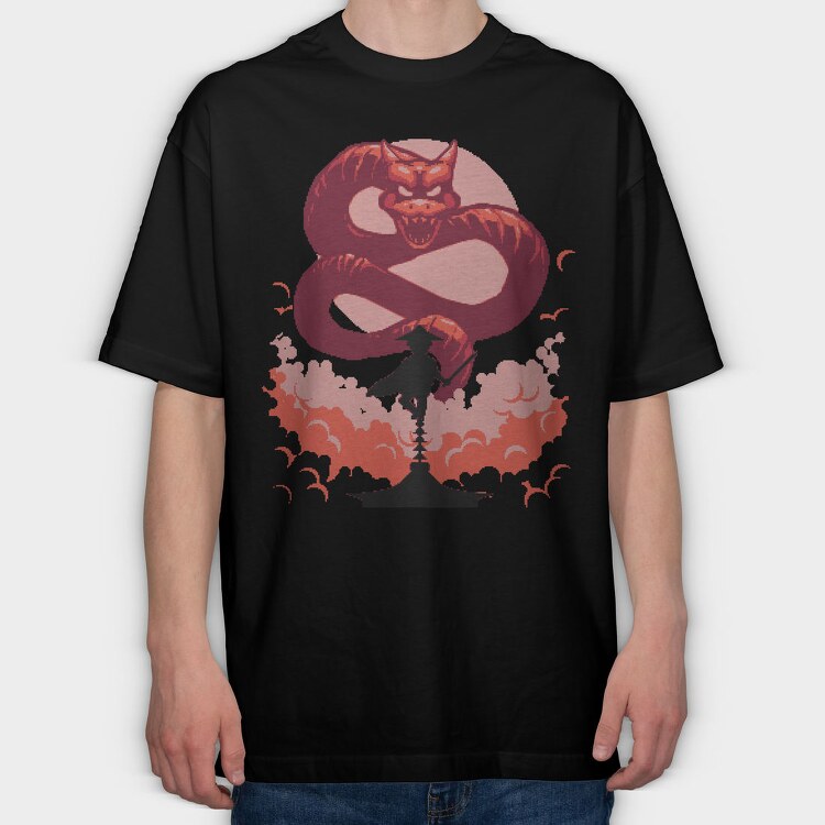 Samurai And Dragon Creature Pixel, Tricou Oversize Barbati (Unisex)