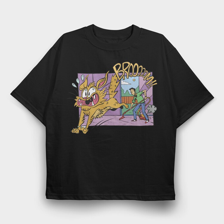 Scared Cat Funny Vacuuming, Tricou Oversize Barbati (Unisex)
