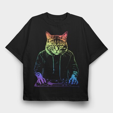 Neon Cat Dj, Tricou Oversize Barbati (Unisex)