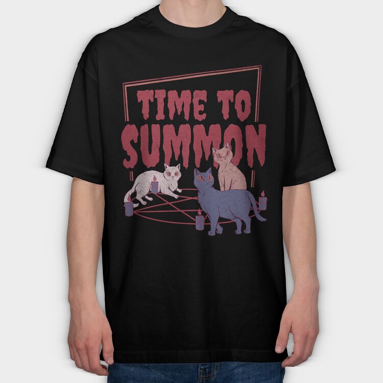 Satanic Cats With Pentagram Time To Summon, Tricou Oversize Barbati (Unisex)