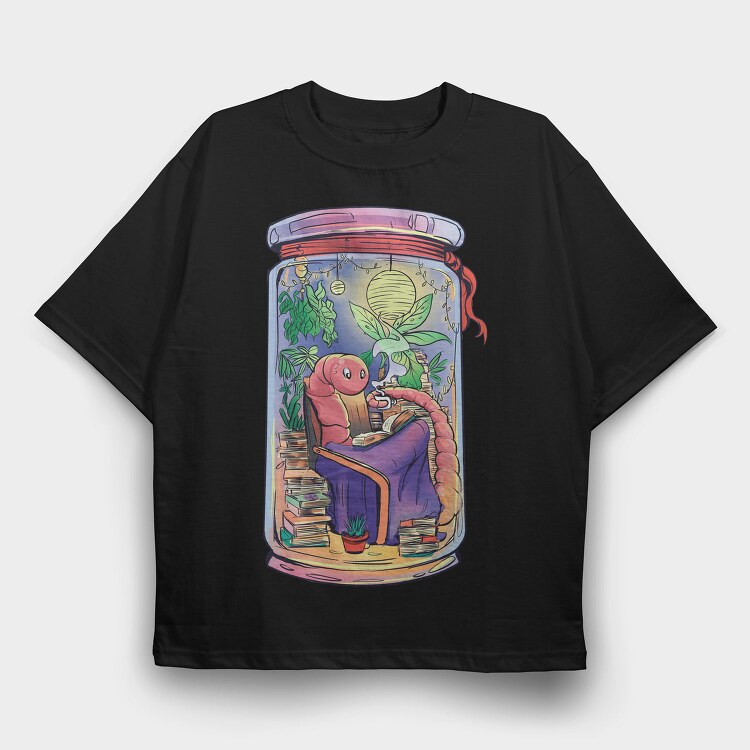 Cozy Worm Reading Books Jar Chill, Tricou Oversize Barbati (Unisex)