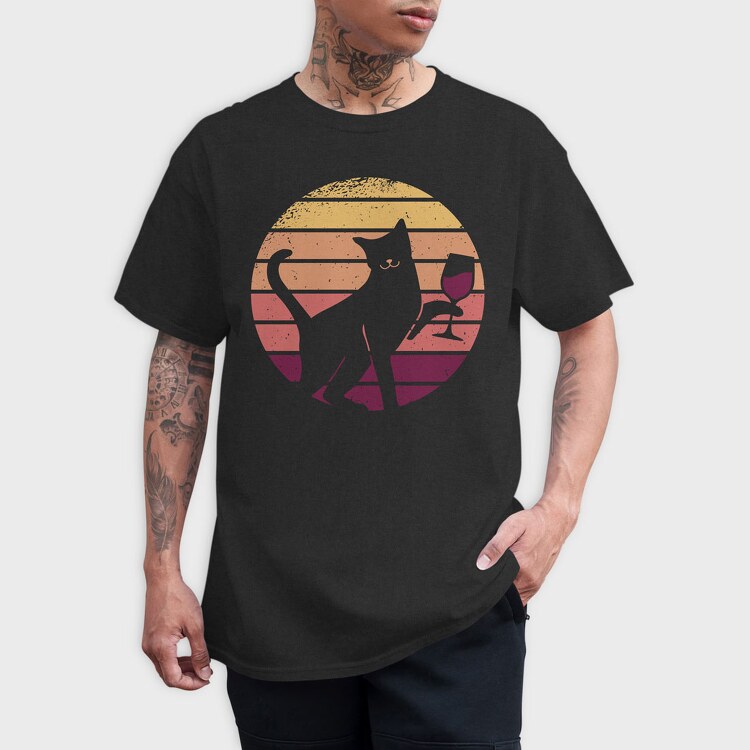 Cat With a Glass of Wine Retro Sunset, Tricou Barbati (Unisex)