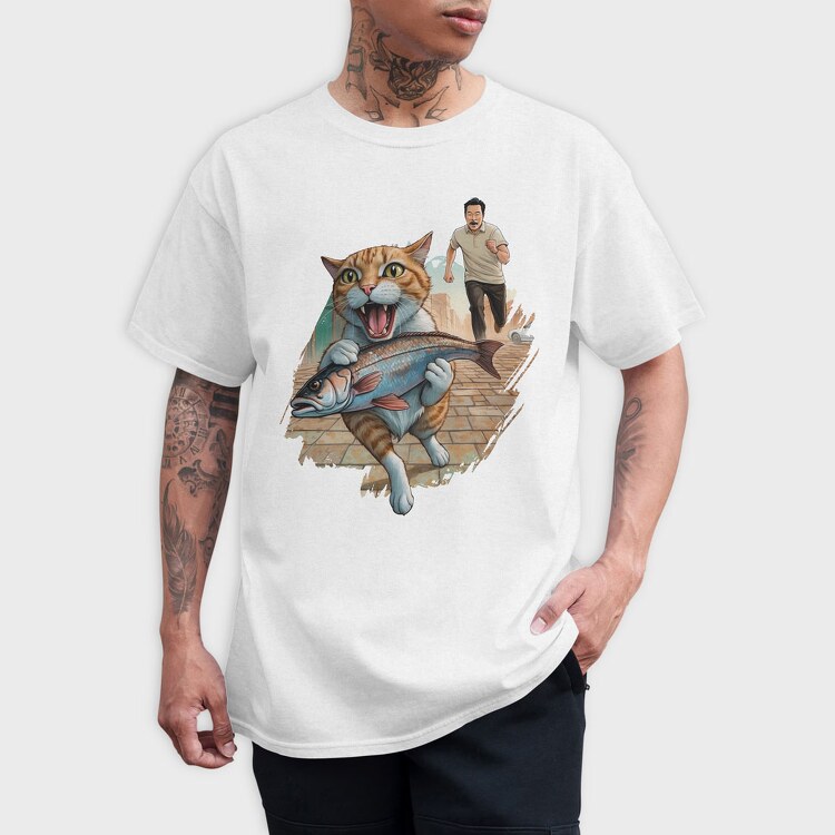 Cat Escaping With Fish, Tricou Barbati (Unisex)