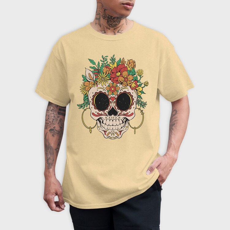 Skull Traditional Flowers, Tricou Barbati (Unisex)