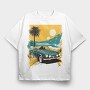 Classic Car Palm Trees Sun Sea City, Tricou Oversize Barbati (Unisex)