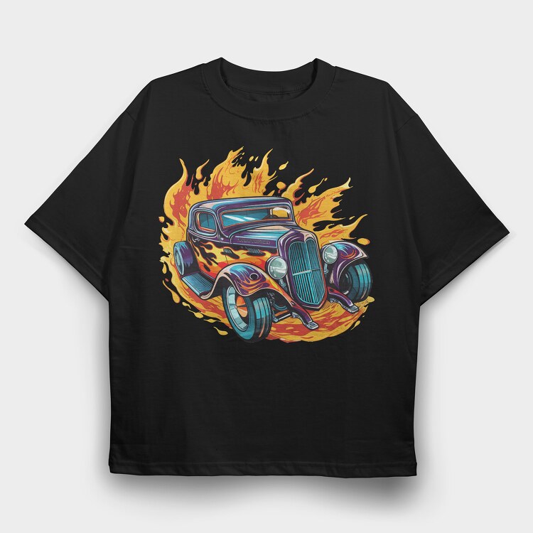 Flame Hotrod Old Car, Tricou Oversize Barbati (Unisex)