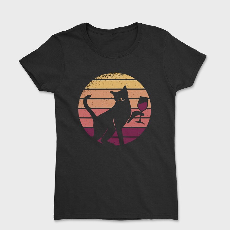 Cat With a Glass of Wine Retro Sunset, Tricou Femei