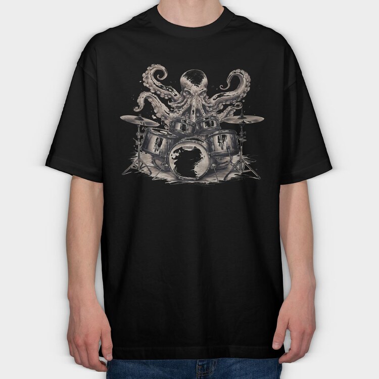 octopus playing drums, Tricou Oversize Barbati (Unisex)