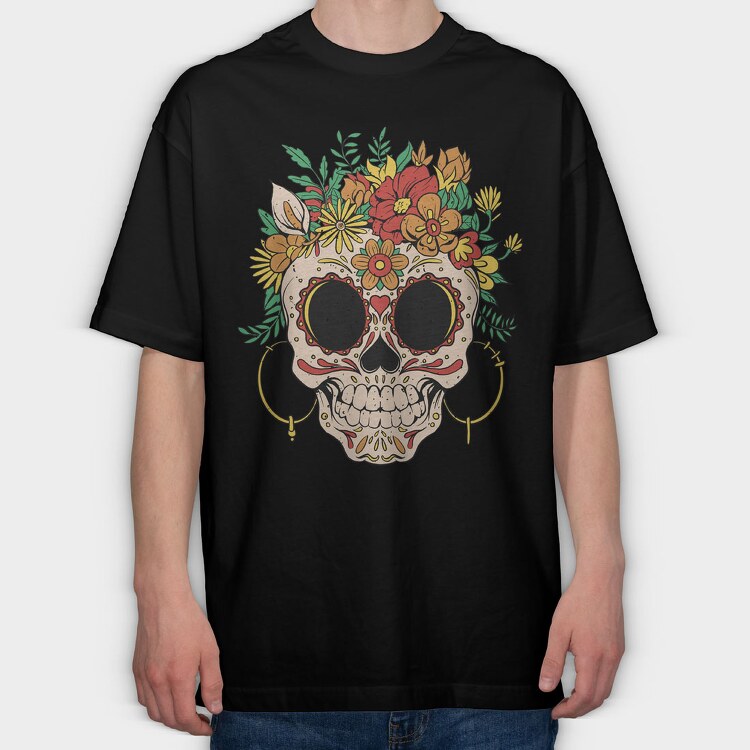 Skull Traditional Flowers, Tricou Oversize Barbati (Unisex)